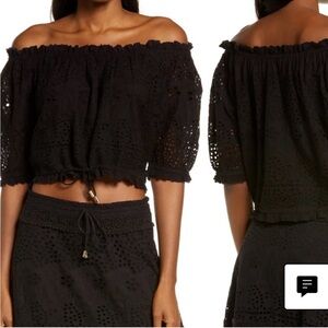 Melissa Odabash Black Off-Shoulder Eyelet Bardot Blouse Crop Top